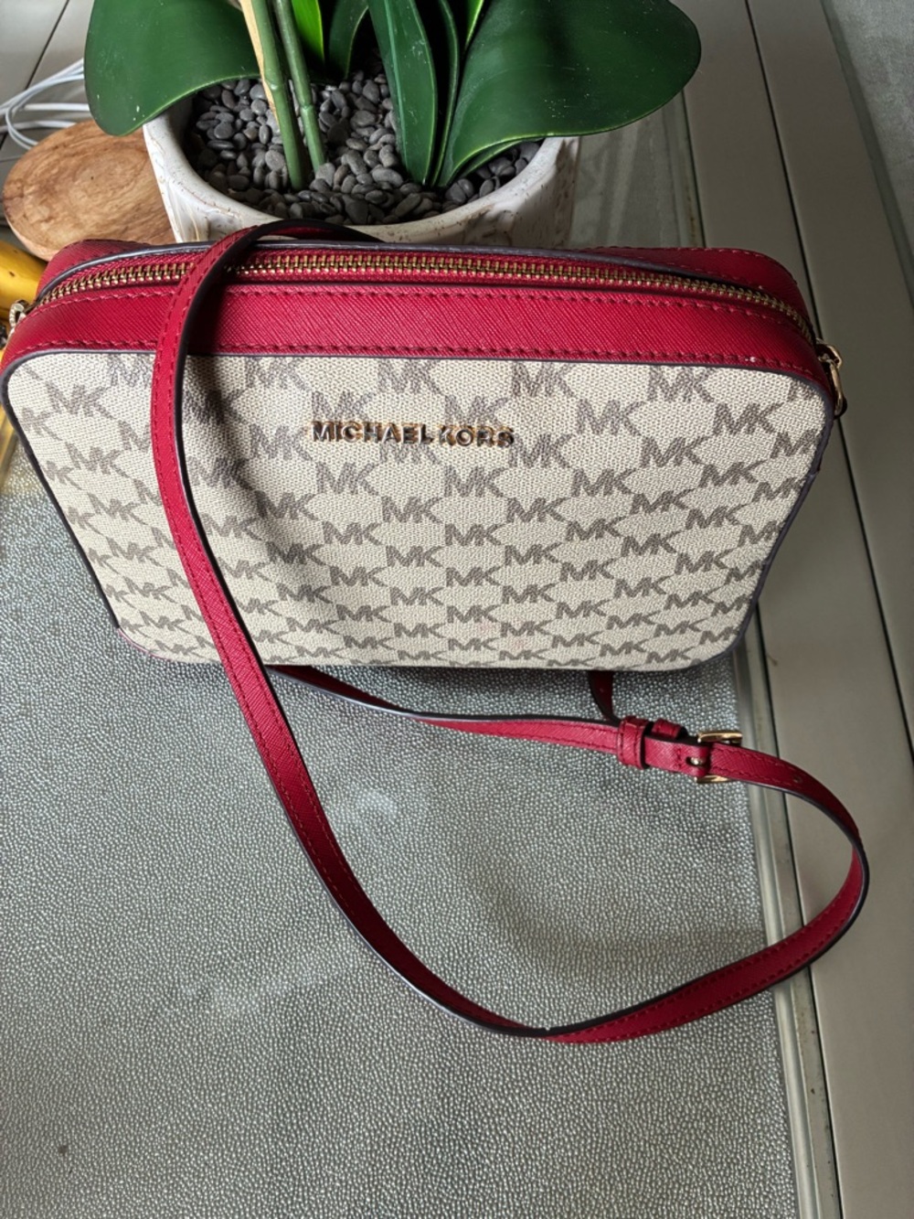 Michael Kors Cream MK Logo Crossbody with Red Trim and Strap